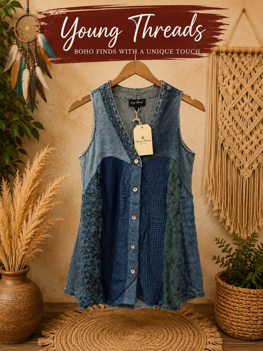 212 Young Threads Women's Patchwork Denim Tank in Blue & Teal